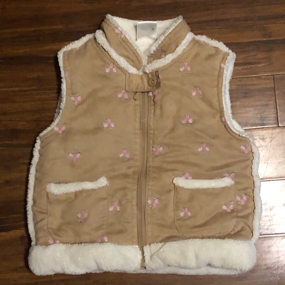 Sherpa Lined Vest with Embroidered Flower Details